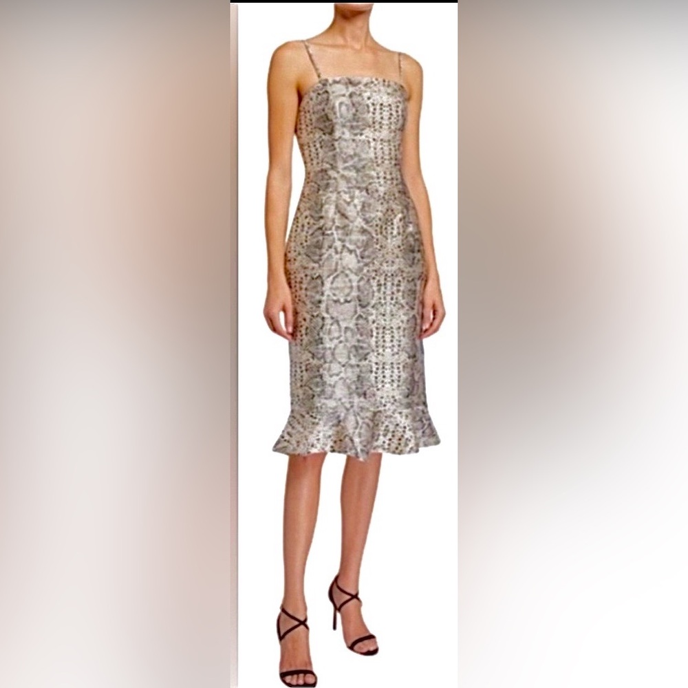 Anthropologie Hutch Snakeskin Print Midi Dress Ruffled Hem Beige & Black Size 12